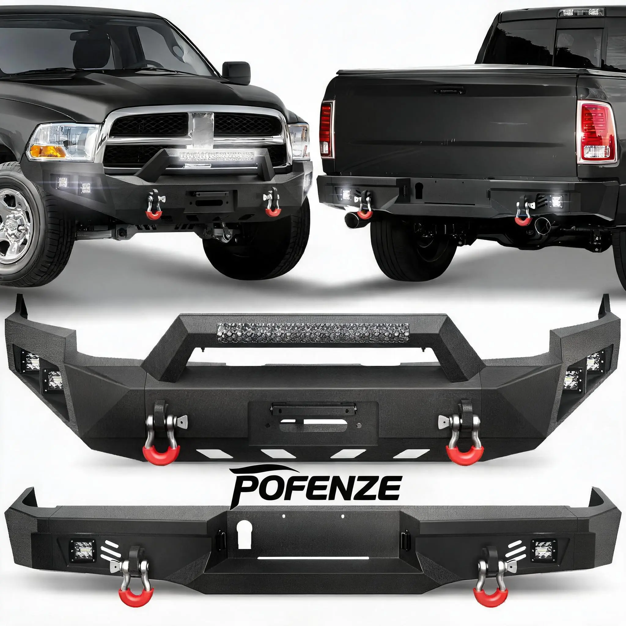 POFENZE-NADIA Ram 1500 Bumper Set for 2009-2012 Ram 1500 Pickup | Steel Bumpers w/Winch Plate, LED Lights, D-rings and License Plate Bracket and Lights