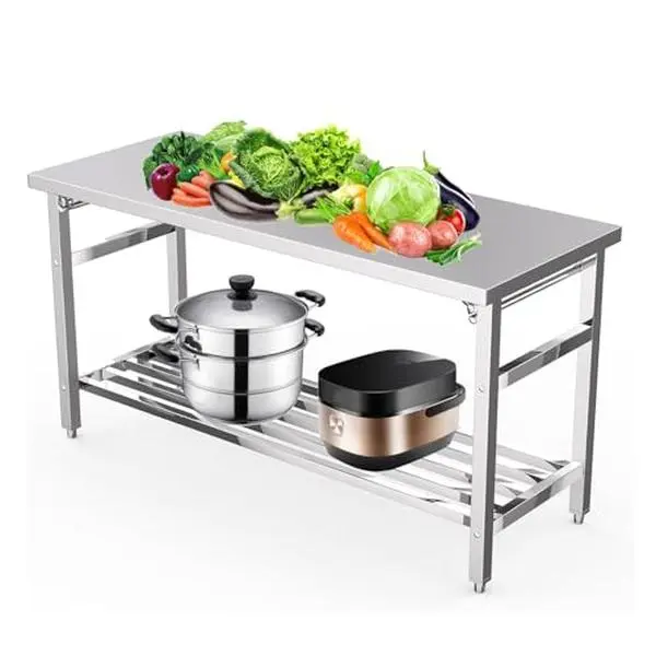 GARVEE Stainless Steel Commercial Heavy-Duty Folding Prep Table with Adjustable Undershelf, No Installation Required, Space-Saving for Restaurant Kitchen Furniture Sets, Adjustable Shelf