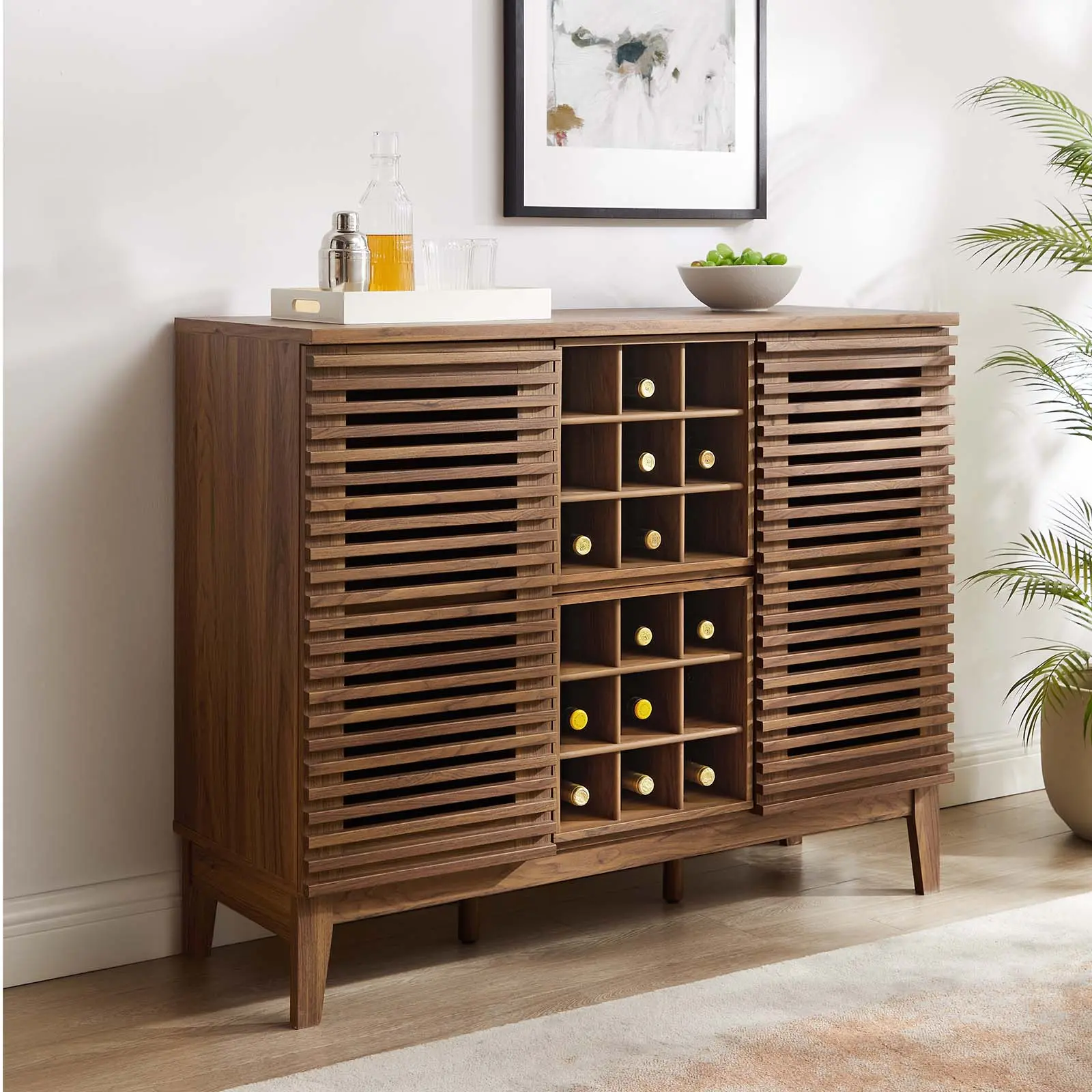 Modway Render Walnut Wood Home Bar - Modern Credenza Cabinet, Indoor Use Wine Storage, Furniture for Kitchen, Man Cave Piece with Adjustable Shelves, Assembly Required