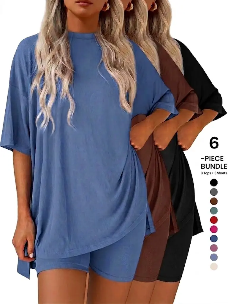 Crewneck Two-Piece Set For Women Summer Casual Pullzise Split Hem Shirts & V-Neck Stretchy Biker Shorts &Minimalist Lounge Wear Soft MILK SILK Fabric Comfy Homewear Soft Stretch Lounge Pajama Set for Home, Sleep and Travel