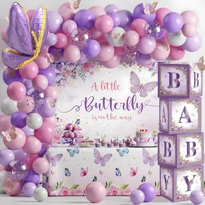 Butterfly Baby Shower Decorations for Girl Pink and Purple Balloon Arch Kit with Baby Boxes A Little Butterfly Is On The Way Backdrop Tablecloth for Girl Birthday Baby Shower Decor 118 Pcs