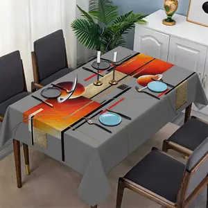 1 piece of modern geometric planetary line art tablecloth - gray and orange polyester rectangular table cover, Waterproof Table Cloth, suitable for restaurants, kitchens, parties, durable machine wash decoration, holiday table decoration, home decor