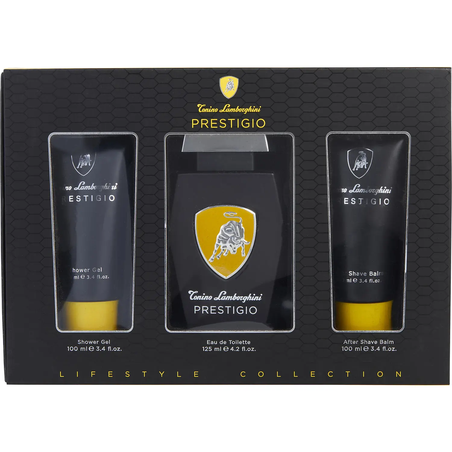 Lamborghini Prestigio Set-Edt Spray 4.2 Oz & Aftershave Balm 3.4 Oz & Shower Gel 3.4 Oz For Men Lamborghini Prestigio Set-Edt Spray 4.2 Oz & Aftershave Balm 3.4 Oz & Shower Gel 3.4 Oz For Men
