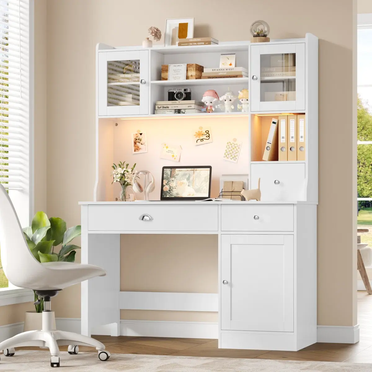 FOTOSOK Executive Desk with Hutch & Power Outlets & LED Lights, Wood Writing Study Table, Home Office Computer Desk with Adjustable Shelves and Drawers