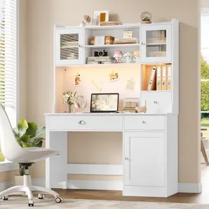 FOTOSOK Executive Desk with Hutch & Power Outlets & LED Lights, Wood Writing Study Table, Home Office Computer Desk with Adjustable Shelves and Drawers