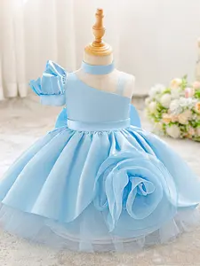 Baby Girl Clothes Infant Christening Cocktail Toddler Baptism Pageant Birthday Party Sloping Shoulders 3D Floral Bow Ball Gown Princess Dress for all Season 6 Months to 3 Years Baby Clothing