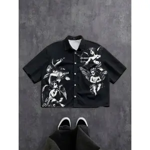 Manfinity ZONE917 Men's Gothic Los Angeles Angel Print Boxy Cropped Shirt Men's Cropped Tops, Men Cropped Graphic Shirt, Angel Graphic Shirt
