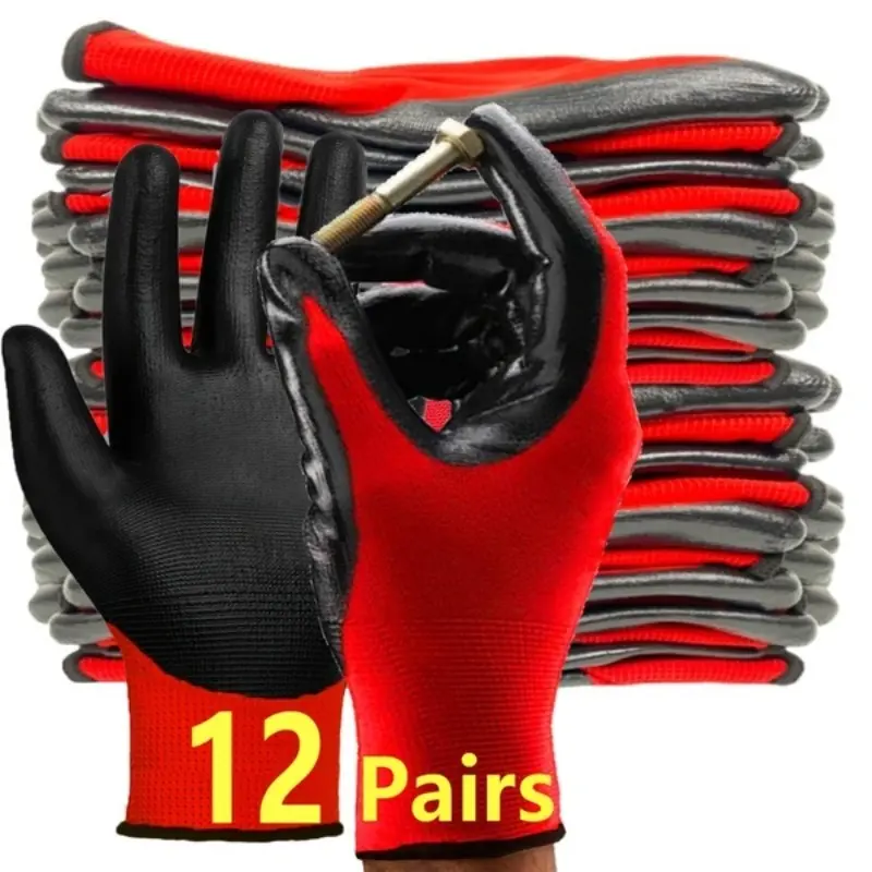 12 Pairs Nitrile Coated Safety Gloves, Thick Durable Latex Nylon Heavy Duty Work Gloves, Working Gloves, Specialized for Construction Site Use Construction Gear