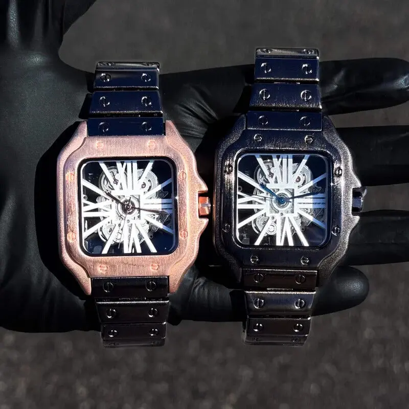 MaxBling81 Men's Luxury Iced Analog Quartz Watch Set - 40mm Rectangular Skeleton Face, Rose Gold/Black Metal Band, Gun Metal Alloy Case, Removable Links, Water-Resistant Men's Accessory, Analog Watches, Men's Accessories