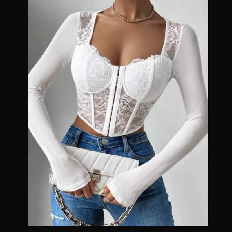 Seraphina Top - Long Sleeve Corset Top with Lace Design Built in Bra Comfortable Fashion for Women 95% Polyester 5% Spandex