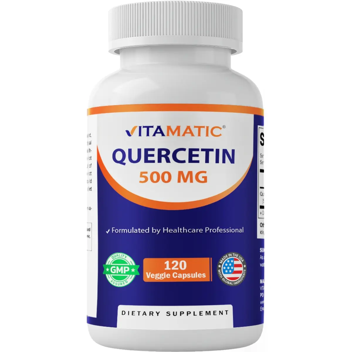 Vitamatic Quercetin 500 mg Dietary Wellness Supplements - 120 Vegetarian Capsules for Adults, Antihistamine Support, Antioxidant Activity, Cardiovascular Health, GMP Certified, Sugar Free, Gluten Free