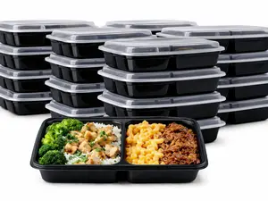 32oz 2 Compartment One Time Use Plastic Black BPA Free Food Prep Containers, Nuts Container, Bento Box, Fast Food Take Out Box, BBQ Box, Portable, Stackable, Extra Thick, Microwavable, Freezer Safe, Disposable, Leak proof, Dish Washer Safe
