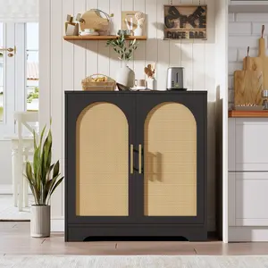 Garvee Rattan Decor Buffet Closet with 2 Doors and Storage Drawer, Multipurpose Credenza for Living Room, Kitchen, Hallway, Dining Room, Entryway in Black