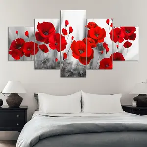 Red Flower Pattern Canvas Painting, 5 Counts/set Modern Wall Art Painting, Modern Floral Paintings, Wall Art Decor for Home Living Room Bedroom Office, Ornaments