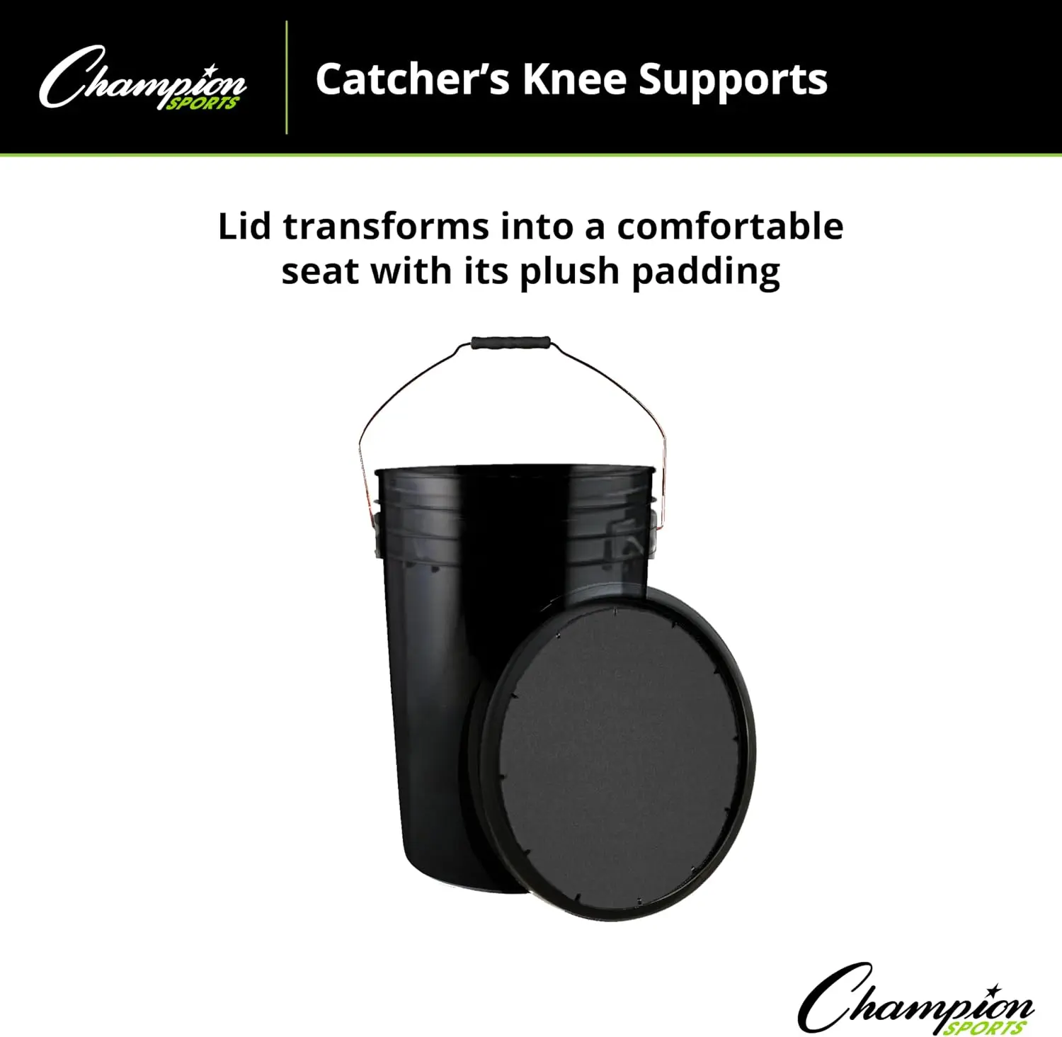 Champion Sports 6 Gallon Bucket with Padded Soft Seat Lid - Durable Construction - Balls Not Included - Ideal for Baseball, Softball, T-Ball, Practice Balls, and Lacrosse – Black