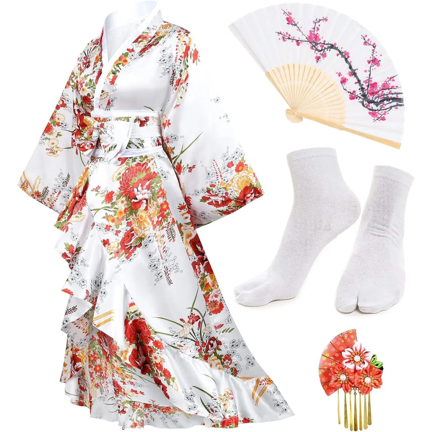Women's Japanese Kimono Robe, Chic Geisha Cosplay Costume with Ruffle Skirt, Floral Print Satin Festival Clothes, 6-Piece Set with Fan & Socks, Accessories, Bathrobe, Wrap, Casual, Elegant, Party, Ruffles, Long, V-Neck, Knitting, Silky, Dress, Flower