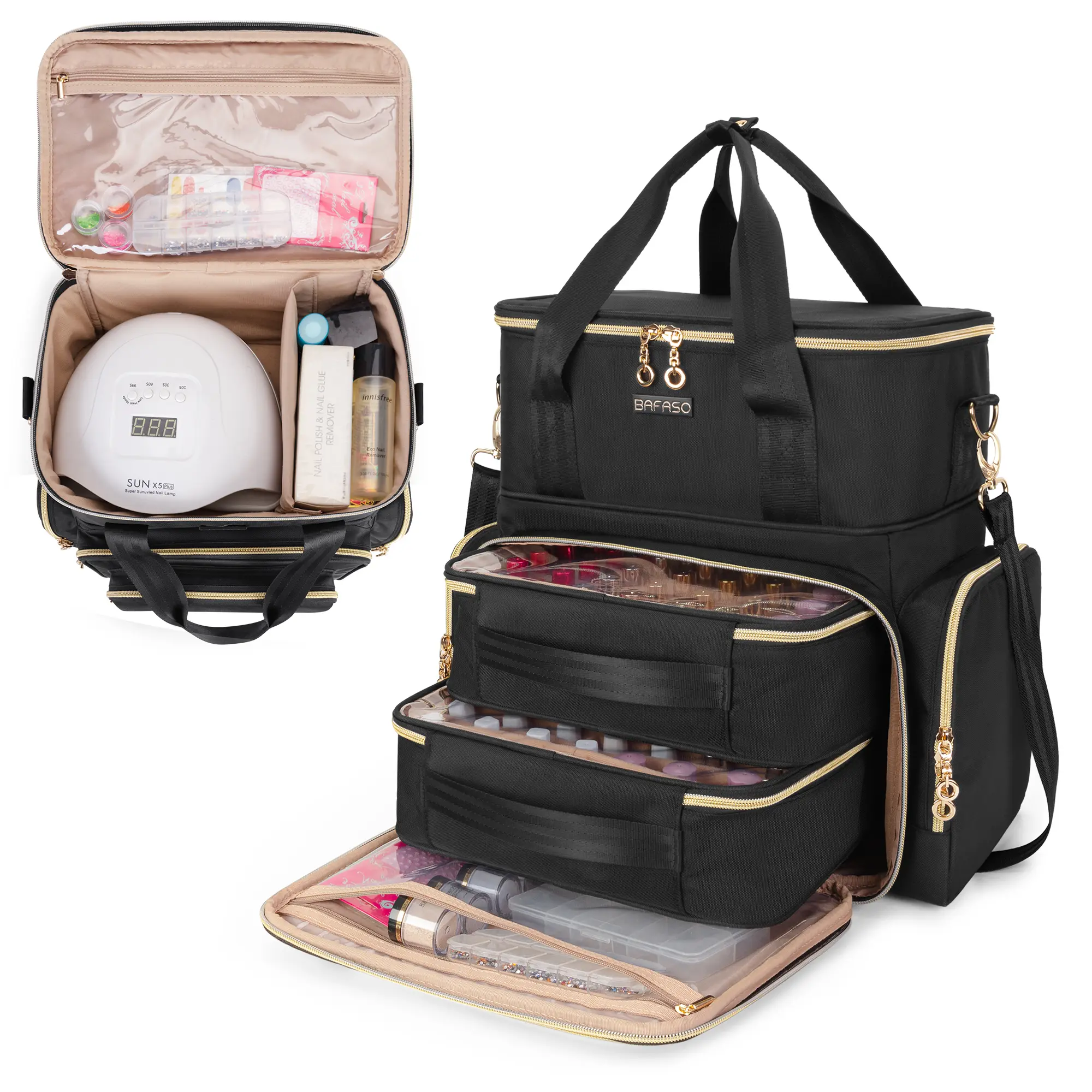 BAFASO Double Layer Nail Polish Organizer Holds 70 Bottles (15ml - 0.5 fl.oz) and a Nail Dryer, Nail Polish Case with 2 Removable Pouches and Tools Storage Sections ,  | Nail Polish Case with 2 Removable Pouches and Tools Storage（Only bag） 