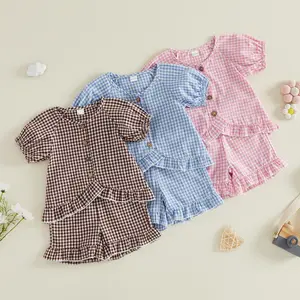 Babamoon Toddler Baby Girl Summer Outfits Set Plaid Ruffles Hem Buttons Short Sleeve Tops T shirt Shorts 2Pcs Clothes Set 6M-4Y