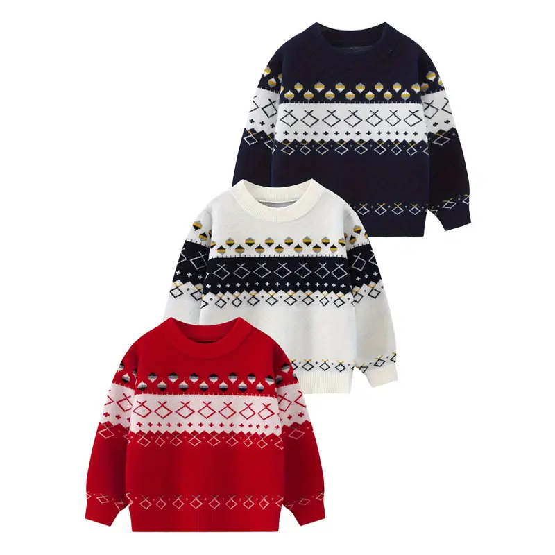 3-piece children's autumn and winter knitted fashion printed warm sweater children's winter college wind Joker daily children's sweater children's round neck knitted pullover children's clothing Classic Fit Hoodie