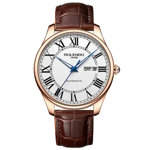 Men's Rose Gold Automatic Mechanical Watch, White Dial Black Roman Numerals Day Date Window Bright Blue Hands Luminous Dot Markers Brown Crocodile Leather Strap Classic Vintage Business Wrist Watch