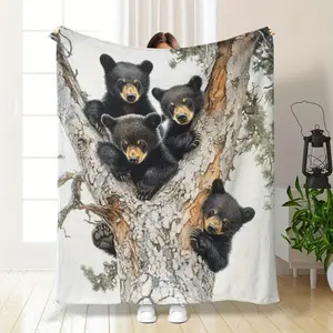 1pc Ultra-Soft Black Bear Print Flannel Blanket – Machine Washable, All-Season Cozy Throw for Home, Bedroom, Office, and Leg Covering, Realistic Animal Design with Pine Tree Background