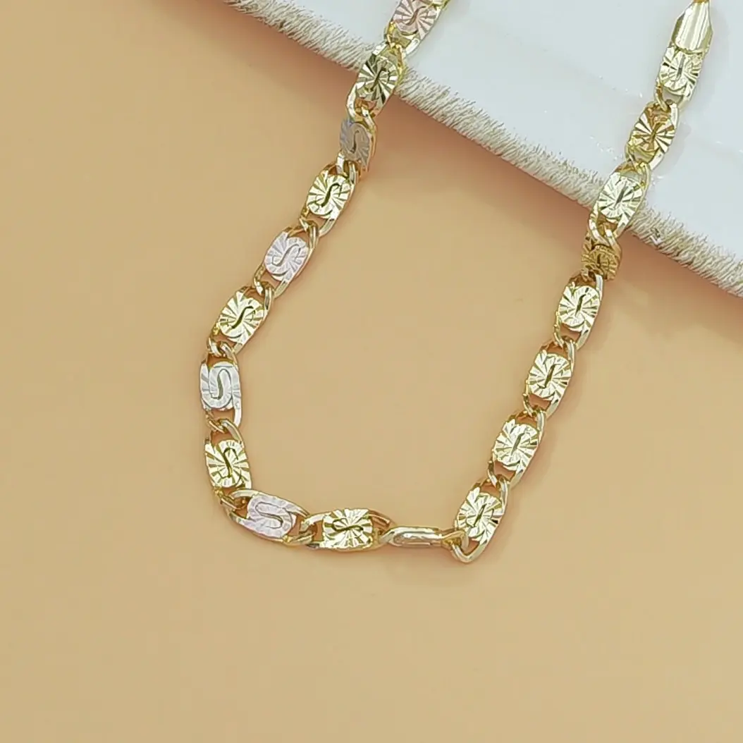 14K Gold Tri-Color Mariner Link Bracelet for Women – Polished Floral Engraved Three Tone Gold Chain Bracelet, Dainty Jewelry Gift for Her