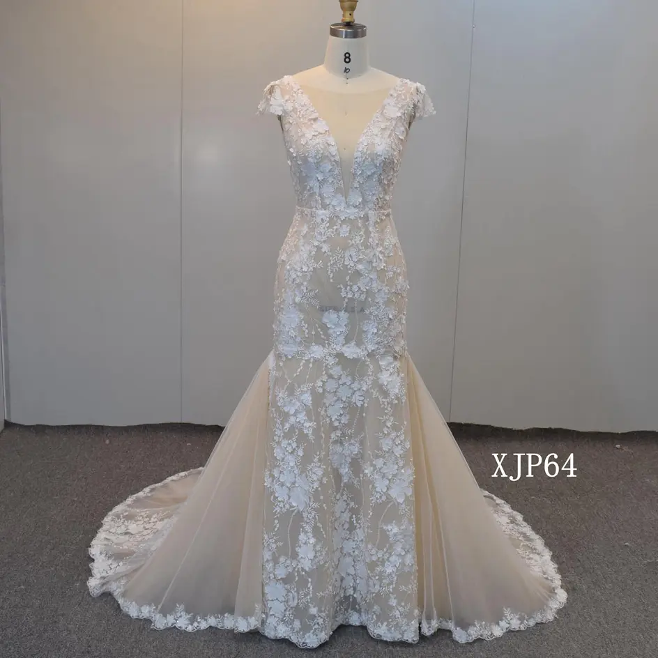 Sheer Mermaid Wedding Dress with Floral Details | Cap Sleeve Bridal Gown with Optional Lining- SI- XJP64