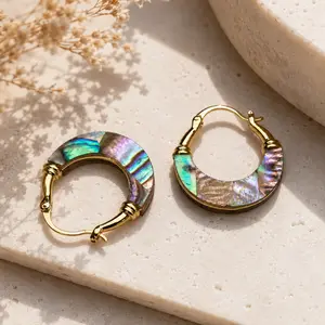Women's Non-Tarnish Gold Abalone Shell Huggie Hoop Earrings - Iridescent Ocean Shell, Elegant Minimalist Versatile Unique Design Non-Natural Crystal Jewelry, Beach Looks Gift for Her, Elegant Minimalist Earrings