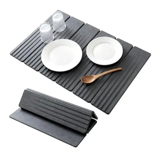 GARVEE Quick-Dry Diatomaceous Stone Dish Drying Mat for Kitchen Counter - Collapsible Absorbent Drying Pad for Dishes, Bottles & Cups - Non-Slip Countertop Protector, 23.6 x 15.4 in - Dark
