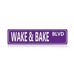 "Wake & Bake Blvd" Vintage Metal Street Sign - Funny Retro Wall Art for Home Bar Garage Cafe | Slim Indoor Outdoor Decor | Humorous Holiday Gift | 16x4 Inch