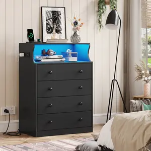 Hasuit Black Dresser with Charging Station, 4 Drawers LED Dresser for Bedroom, Chest of Drawers with Open Space, Large Capacity Tall Storage Cabinet, Black Dressers for Bedroom