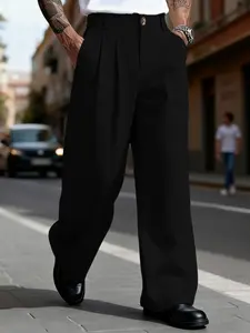 Men's Casual Versatile Solid Color Wide Leg Pants, Casual Streetwear Trousers, Unique Button Design, Fitted Style, Suitable for Daily Wear, All Seasons