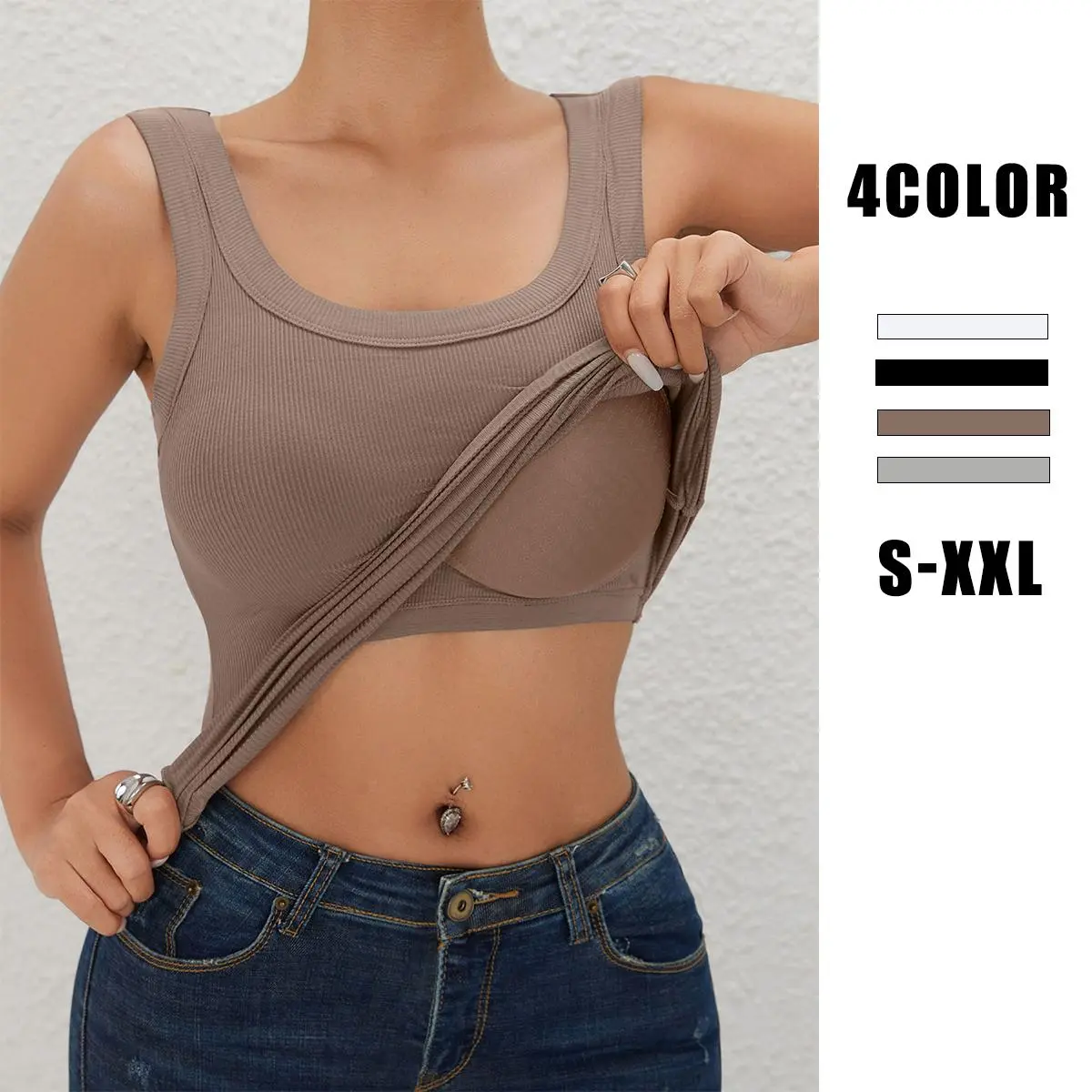EssElegance Women's Racerback Elastic Ribbed Vest with Built-in Bra, Scoop Neck Daily Wear Sportswear, Tops for Women