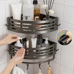 Renter Friendly Drill-Free Corner Shower Caddy, 2-Tier Suction Cup Bathroom Organizer with Hooks, Gunmetal Gray Wall Mount Storage Rack
