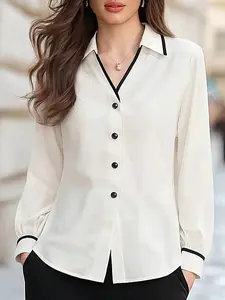 1 piece of women's summer contrasting color wrapped lapel V-neck single-breasted waist slimming long-sleeved Casual Button Blouse Top shirt for commuting to the workplace, suitable for office, vacation, home, daily wear, festivals, and four seasons