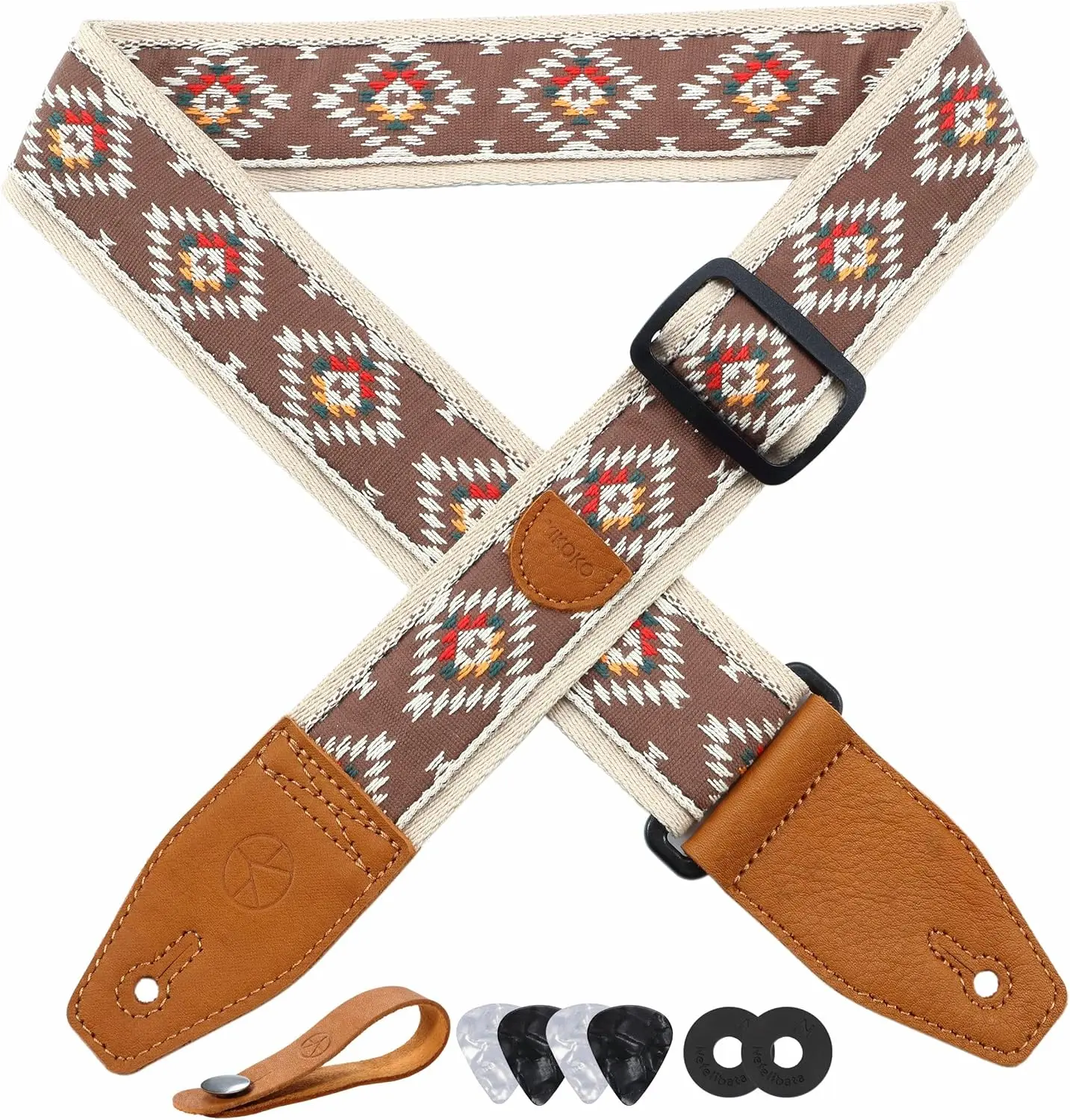 Guitar Strap 2 inch Embroidery Cotton Guitar Straps with Full Grain Leather End, for Bass, Electric and Acoustic Guitars, Free Strap Button, Strap Locks and Guitar Picks