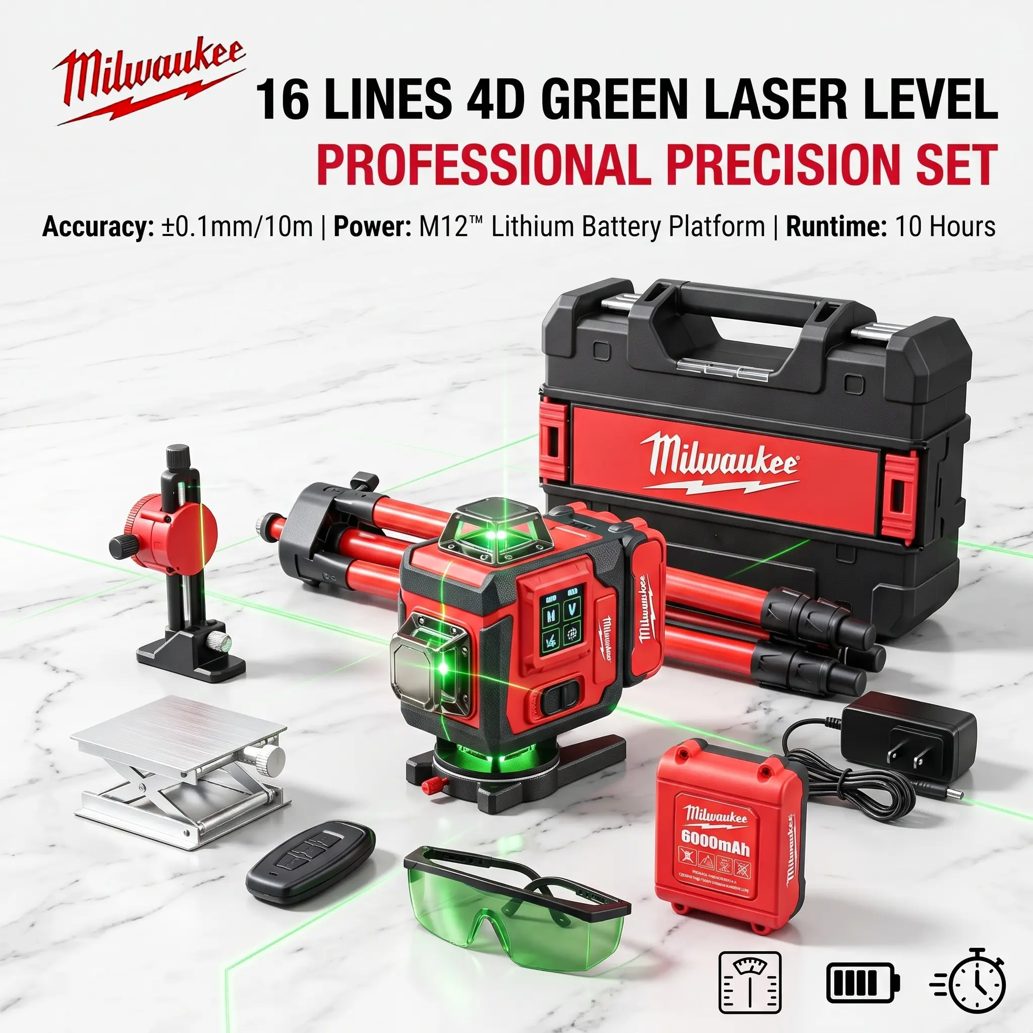 Milwaukee M12 4D 16 Line Green Laser Level Self Leveling Measuring Tool for Construction, Tile Installation, Wall Alignment, Ceiling Framing, Floor Layout and Professional Contractor Projects With Carrying Case and Accessories