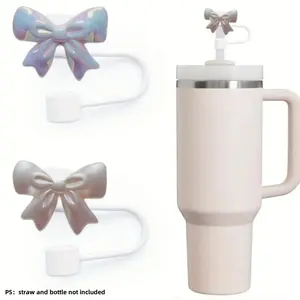 Bow Decor Straw Cover, 2 Counts/set Straw Protector Tips for Reusable Drinking Straws, Water Bottle Tumblers Accessories, Silicone Lid, Drinkware Lid