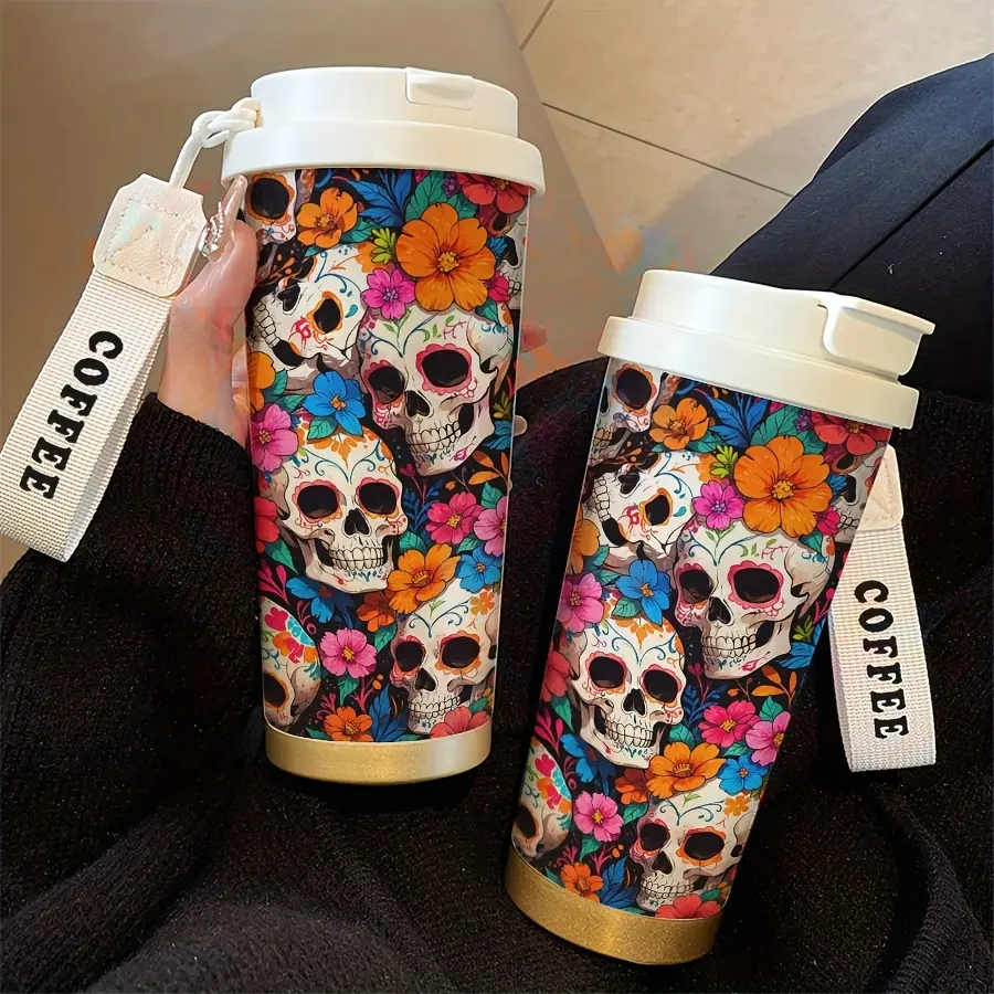 18oz Insulated Vacuum Flask Tumbler with Floral Skull Print, Dual-Purpose for Hot/Cold Drinks, Portable Kitchenware Drinkware for Office/Home Use, Floral Print, Cylindrical