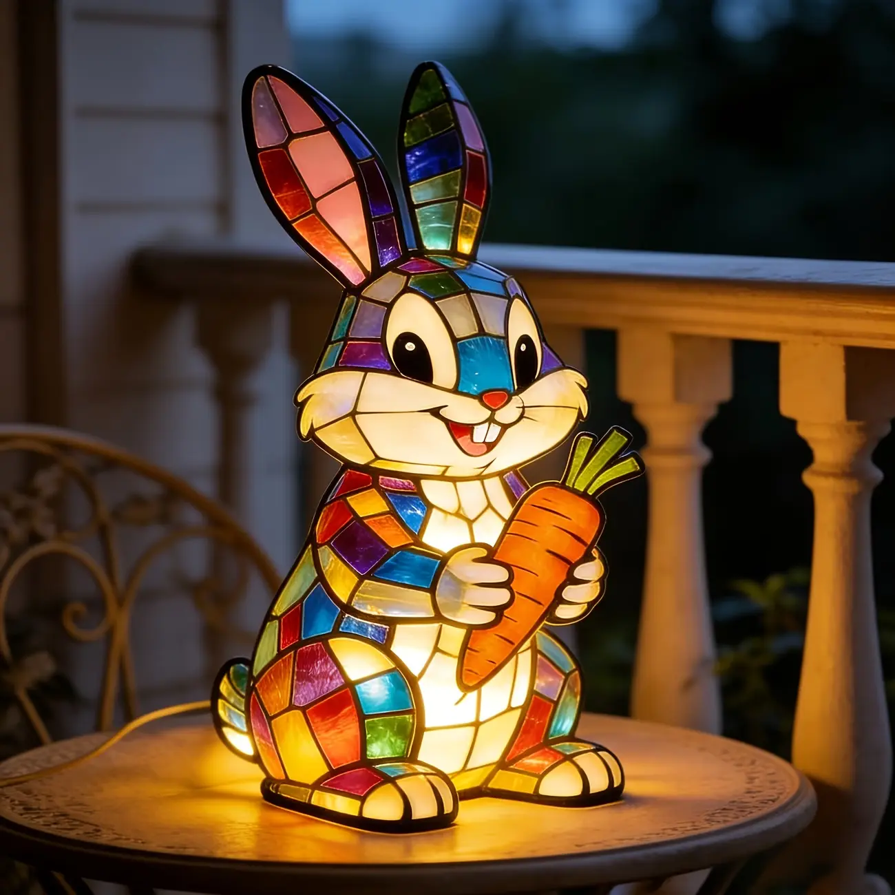 Tiffany-Style Rabbit Night Light – Colorful Resin Bunny Lamp with USB Power for Bedroom, Desk, and Shelf Decor, Perfect Easter, Thanksgiving, and Birthday Gift