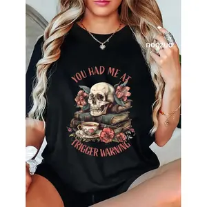 Women's 100% Cotton Short-Sleeve Crew Round Neck Medium-Length Fitted Graphic Top Tshirt - Smut Book Reader Clothes with "You Had Me At Trigger Warning" Design for Summer Casual Wear