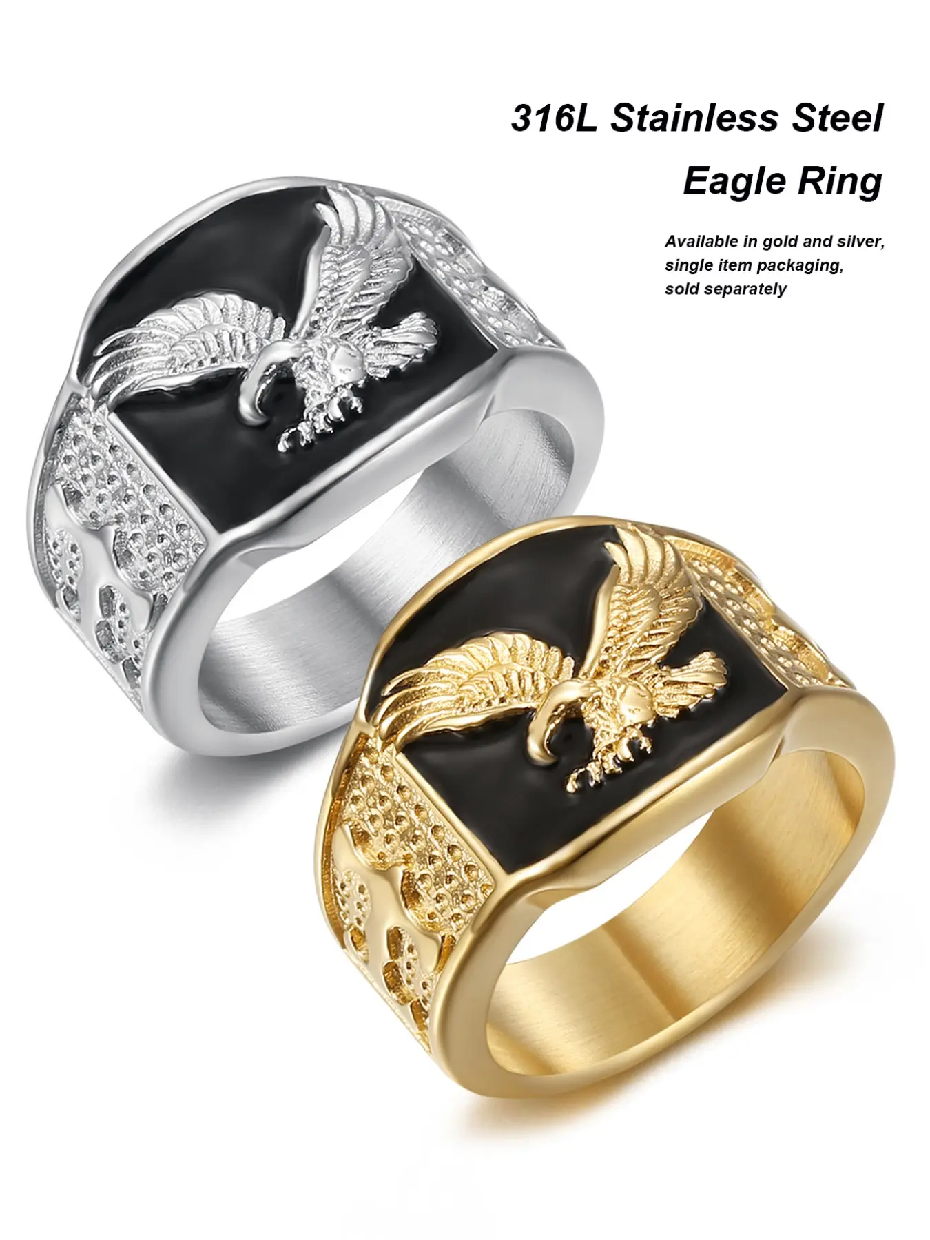 Hiphop Eagle Ring, 316L Stainless Steel Plated, Winged Flying Eagle Bold Men Women Ring, Engraved Ring, Fashion Jewelry Accessory, Eagle Engraved Rings