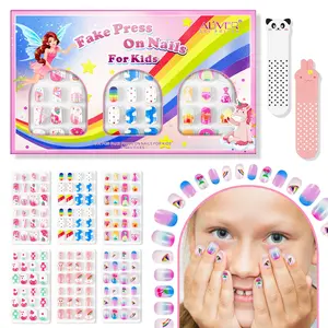 Aliver Press on Nails Set, 144pcs Soft Gel False Nails, Cute Cartoon Designs, Includes Two Nail Files, Perfect for Little Girls & Ladies, Nail Adhesive