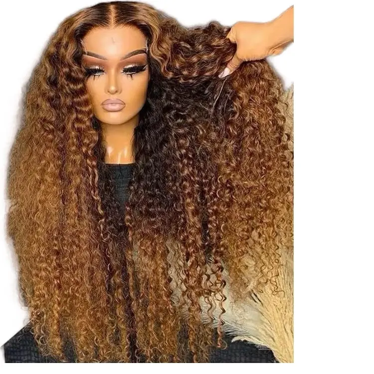 30 inch 180 density highlight honey brown curly lace front 100% human hair wig, 13x6 ombre colored deep wave lace front wig