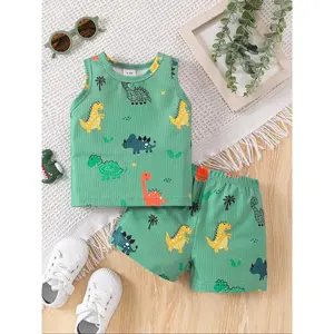 Boys' Dinosaur Print Sleeveless Casual Set, Fresh, Breathable Textured Fabric, Summer Home & Outdoor Playwear