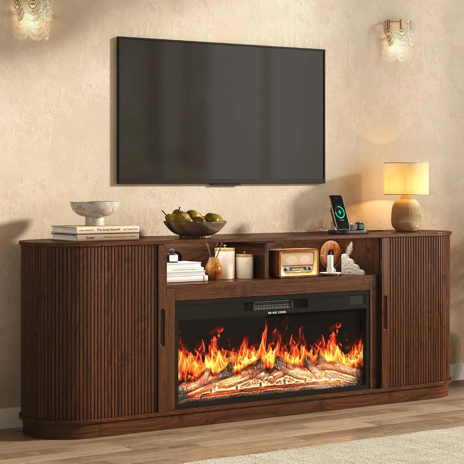 85.6" Fireplace TV Stand for TV Up to 90",Entertainment Center with 40" Electric Fireplace,Simulates 12 Flame Colors,Countertop with Power Outlet, Large Capacity, for Living Room,Natural Oak/Walnut