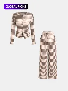 Women's 2-Piece Striped Wide Leg Pants and Long Sleeve Knit Cardigan Set, Comfort and Fashion Outfits Perfect for Spring & Fall
