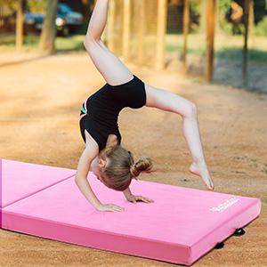 8' Folding Gymnastics Gym Exercise Aerobics Mat, 8ft x 2ft x 2in PU Leather Tumbling Mats with Hook & Loop Fastener for Stretching Yoga Cheerleading Martial Arts