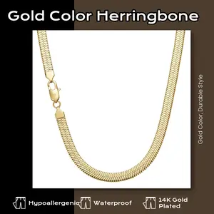 Titanium Steel 14K Gold Plated Herringbone Necklace for Men | 7mm Flat Snake Bone Blade Chain | Waterproof Tarnish Free Jewelry