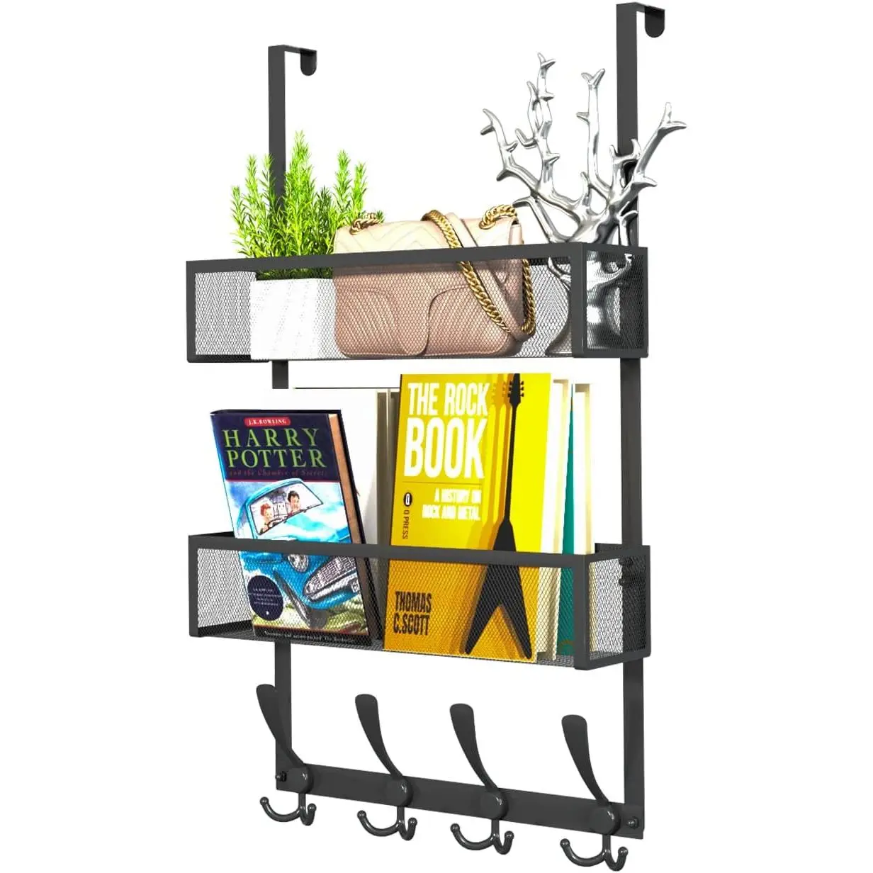 Over The Door Hanging Organizer - Stainless Steel Storage Hooks Set with 12 Hooks & 2 Mesh Baskets for Bathroom, Bedroom, Home Office, Decor